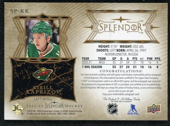2021 Upper Deck Splendor Sp-Kk Kirill Kaprizov /36 Minnesota Wild Auto