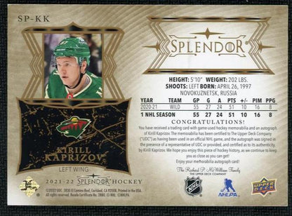 2021 Upper Deck Splendor Sp-Kk Kirill Kaprizov /36 Minnesota Wild Auto