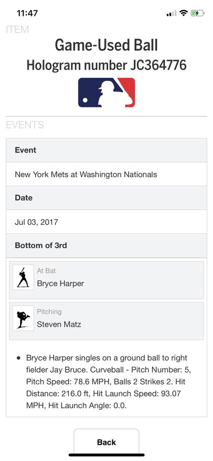 Bryce Harper MLB Game Used Single 7/3/17 Hit #742 Mets vs Nationals , Phillies
