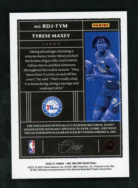 2020 Panini One And One Rdj-Tym Tyrese Maxey Rookie Vg Philadelphia 76Ers Auto