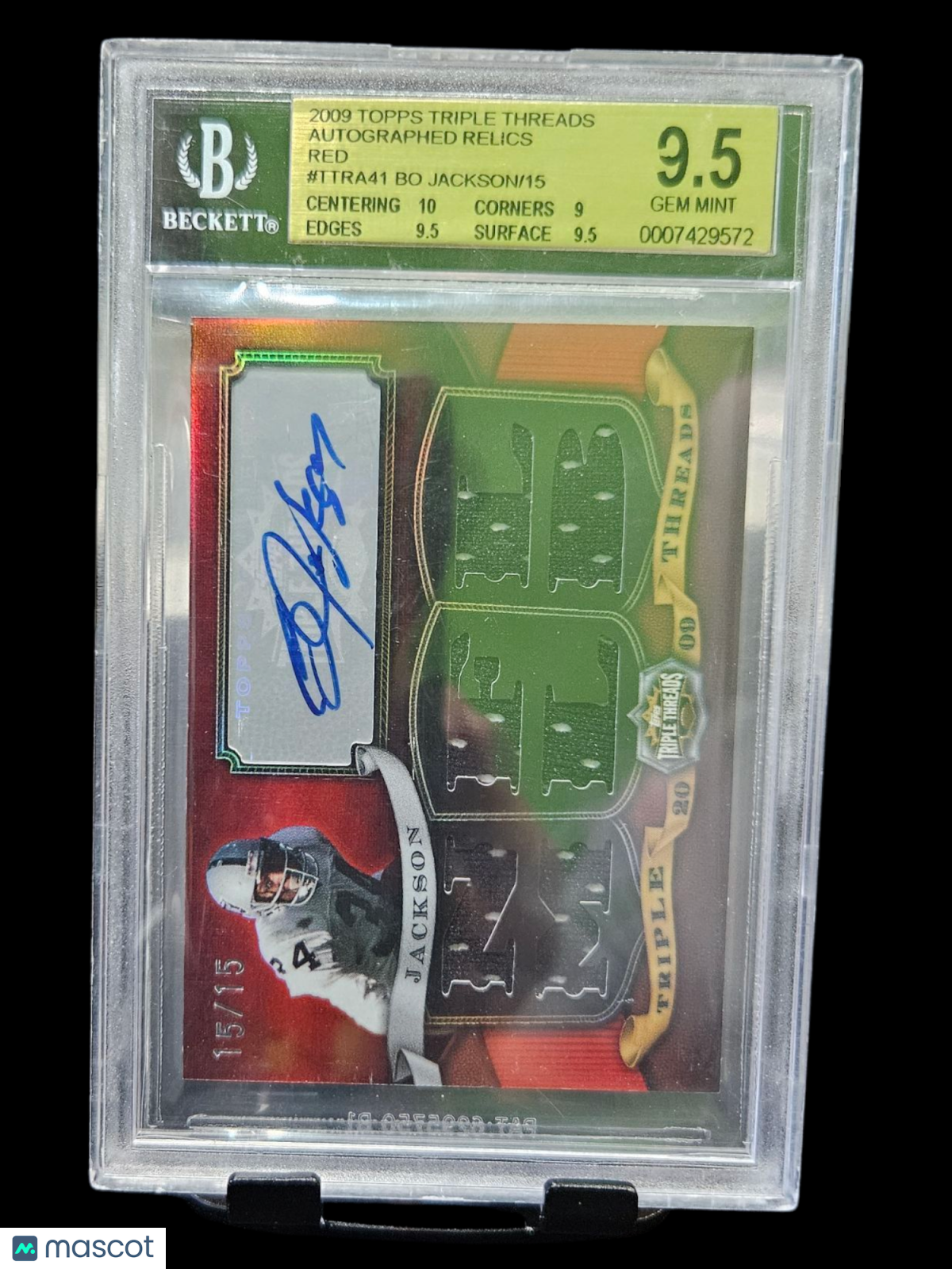 2009 Topps Triple Threads Auto Relics Red Bo Jackson #Ttra41 /15 BGS 9.5 Auto 10