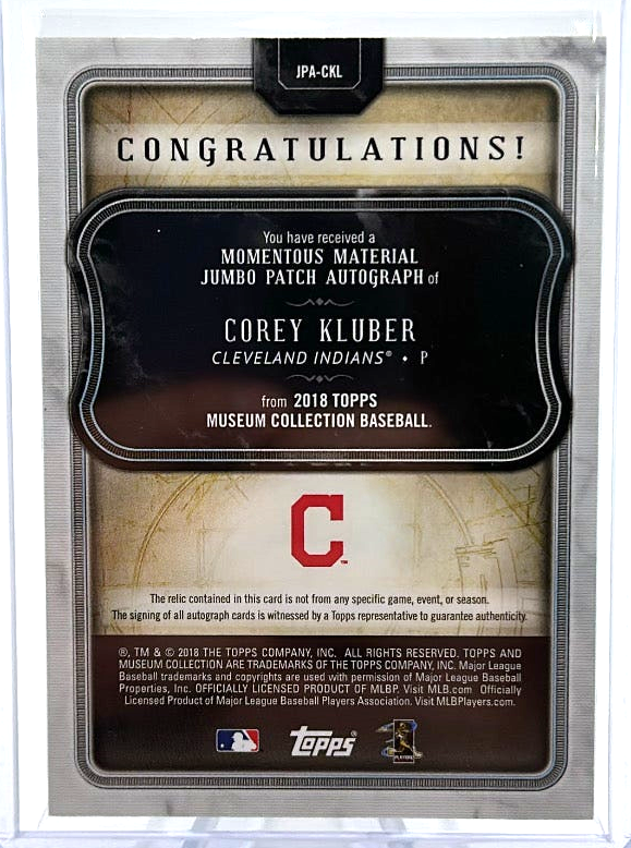 2018 Topps Museum Collection Baseball - Corey Kluber Jpa-Ckl - Momentous Material Jumbo Patch Autograph /5