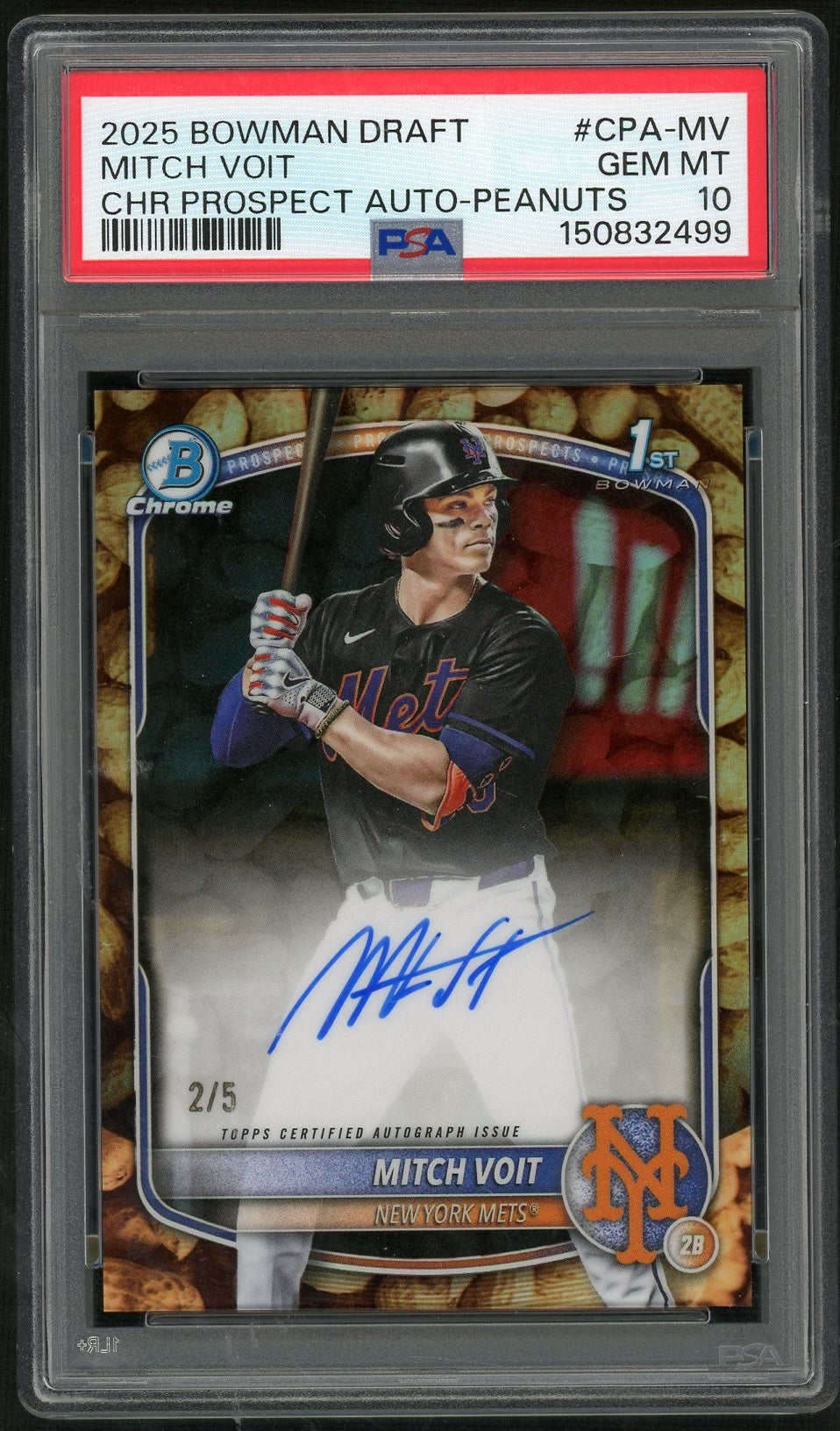 2025 Bowman Draft Chrome Prospect Autographs Peanuts Mitch Voit #Cpa-Mv /5 PSA 10