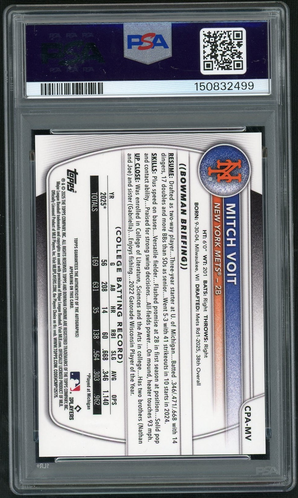 2025 Bowman Draft Chrome Prospect Autographs Peanuts Mitch Voit #Cpa-Mv /5 PSA 10