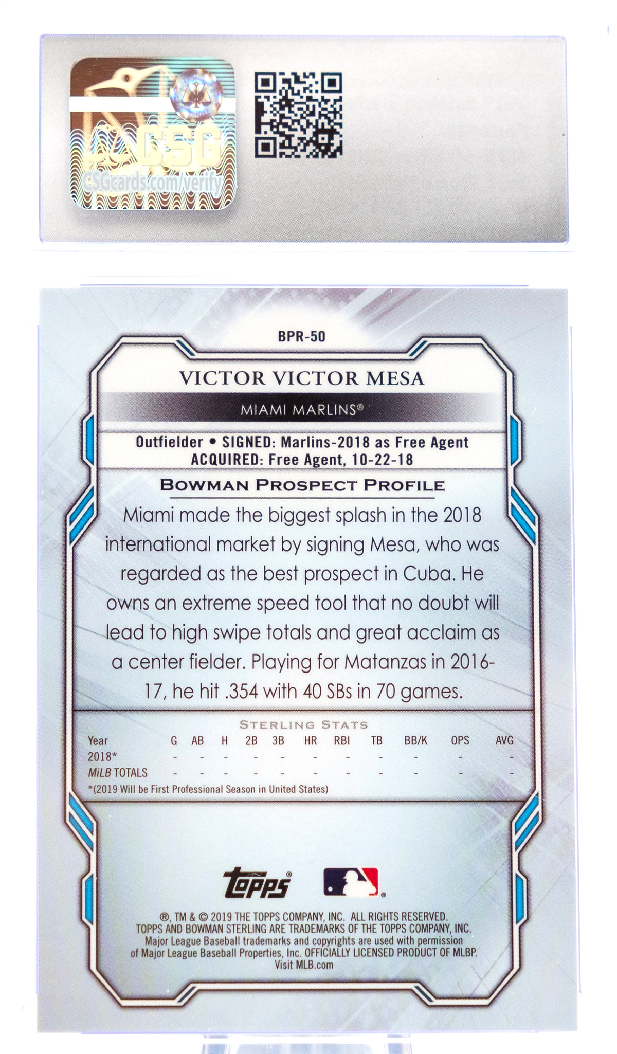 2019 Bowman Sterling - Victor Victor Mesa Bpr-50 - Black Atomic Refractor - Csg 10