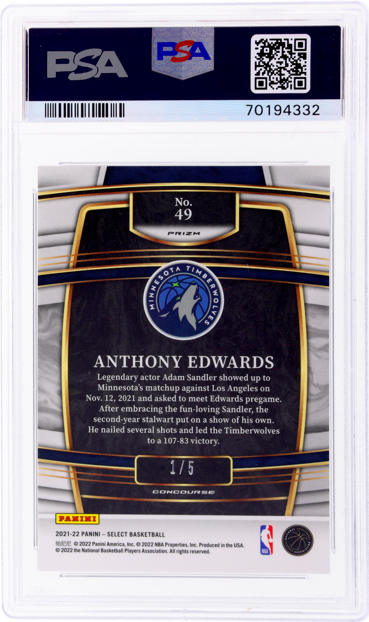 2021 Panini Select #49 Anthony Edwards Concourse Green Prizm /5 PSA 7 70194332