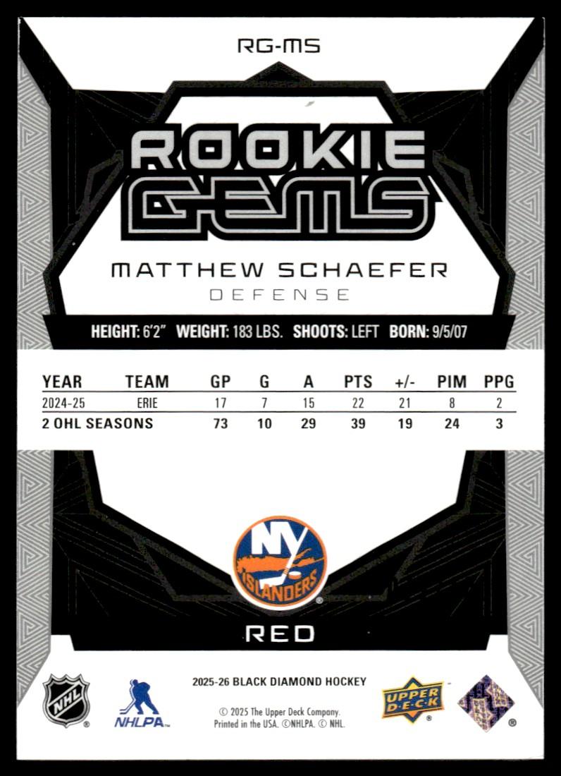 2025 The Upper Deck Company Black Diamond Rg-Ms Matthew Schaefer Rookie Gems Red Rookie Vg Ny Islanders