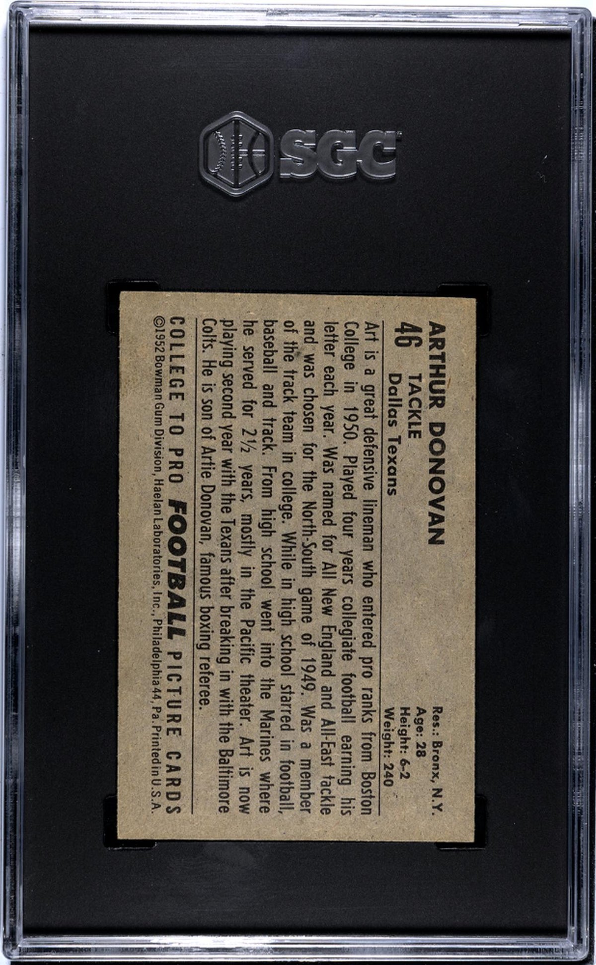 1952 Bowman Small Art Donovan #46 Rc Sgc 6