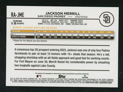 2023 Topps Chrome Ra-Jme Jackson Merrill Rookie San Diego Padres Auto