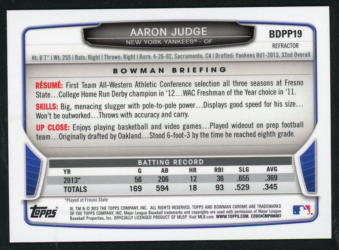 2013 Bowman Chrome Bdpp19 Aaron Judge Refractor New York Yankees