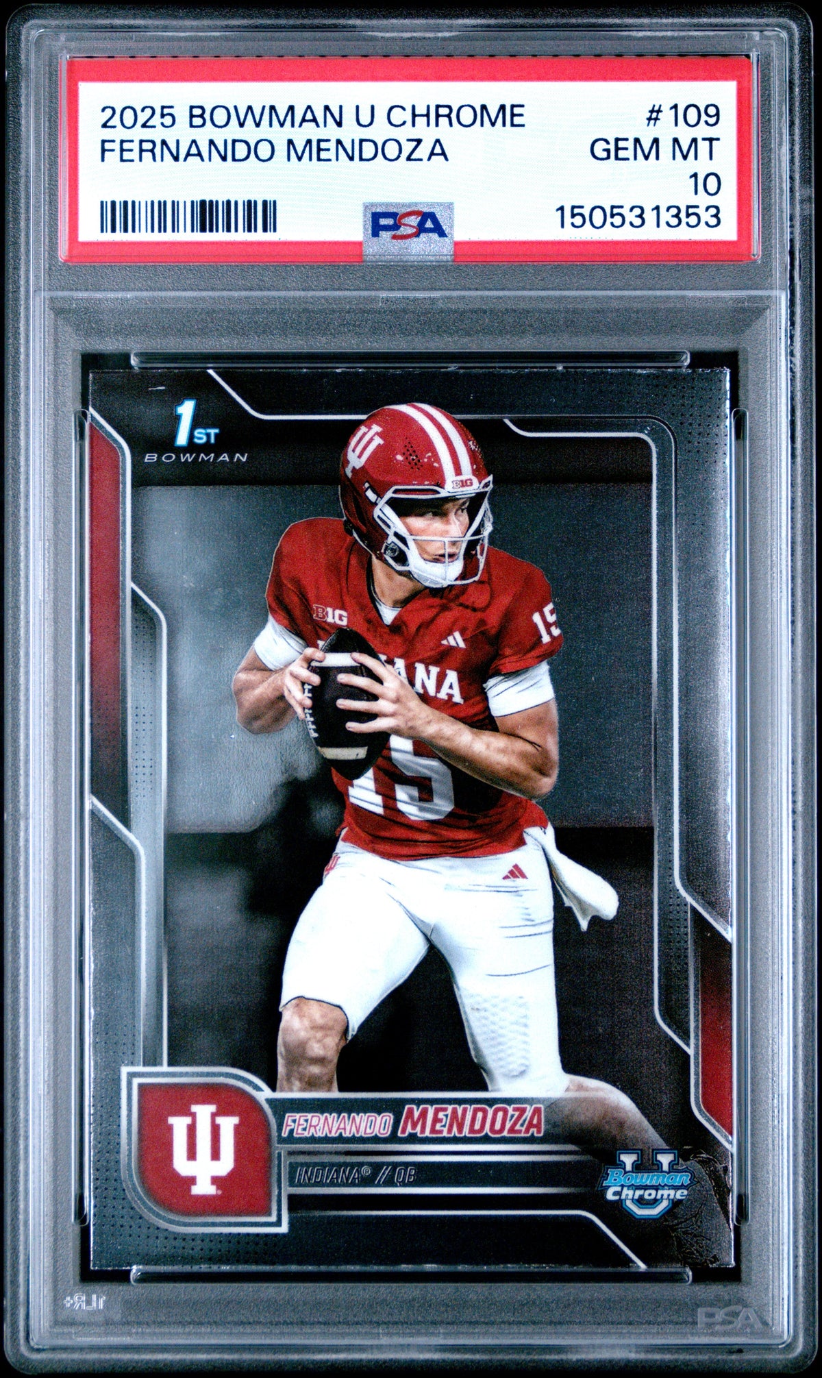Graded 2025 Topps Bowman University Chrome Fernando Mendoza #109 Rookie RC Football Card PSA 10 Gem Mint