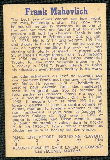 1960 17 Frank Mahovlich Rookie Toronto Maple Leafs