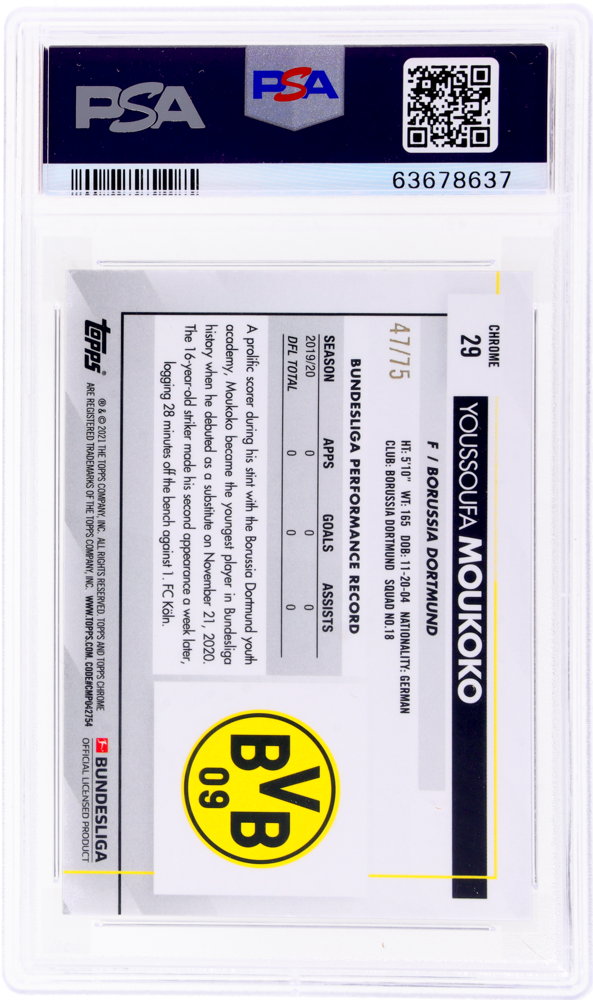 2020 Topps Chrome Pink Refractor Youssoufa Moukoko #29 Rc /75 PSA 10