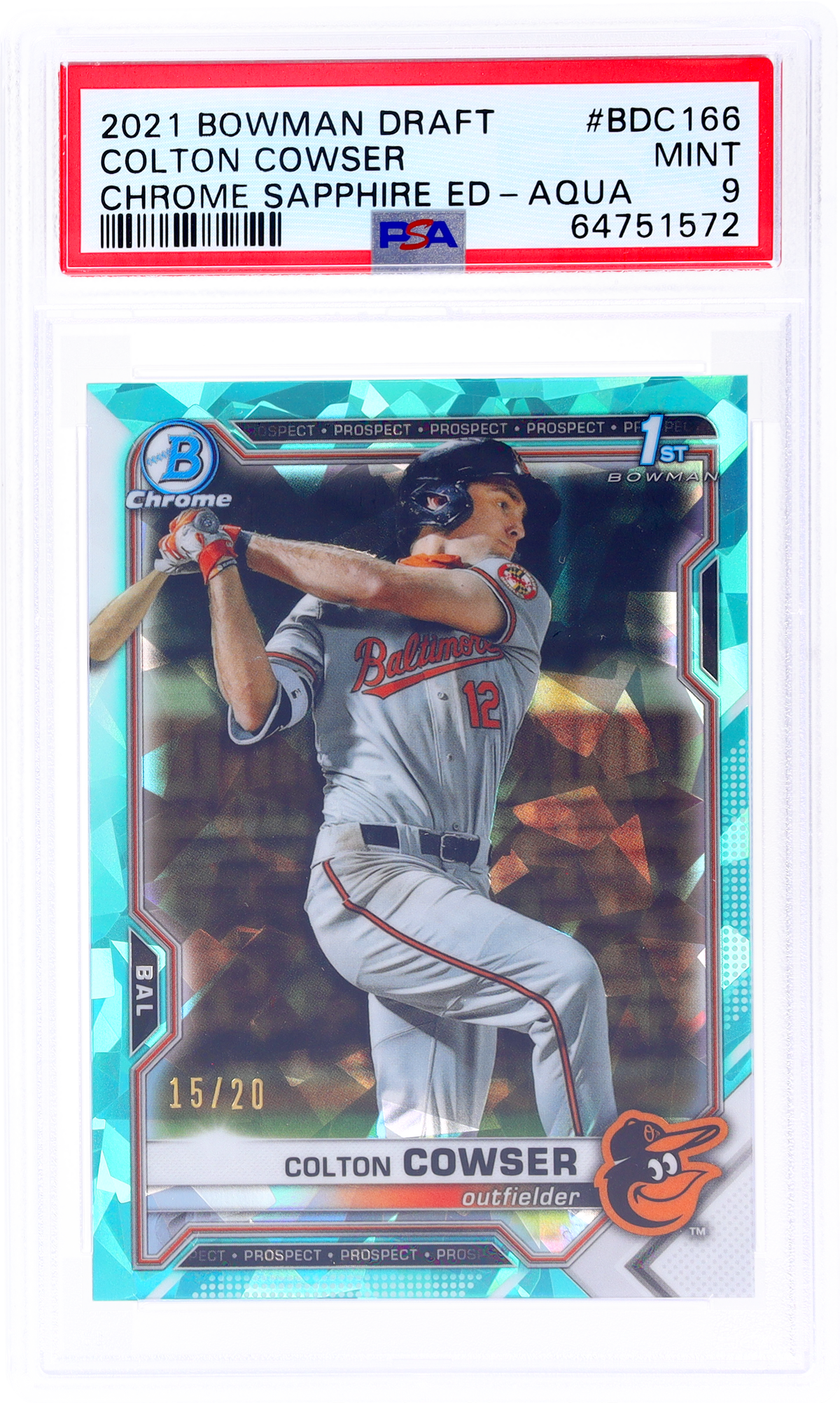 2021 Bowman Draft Chrome Sapphire Colton Cowser #Bdc166 /20 PSA 9