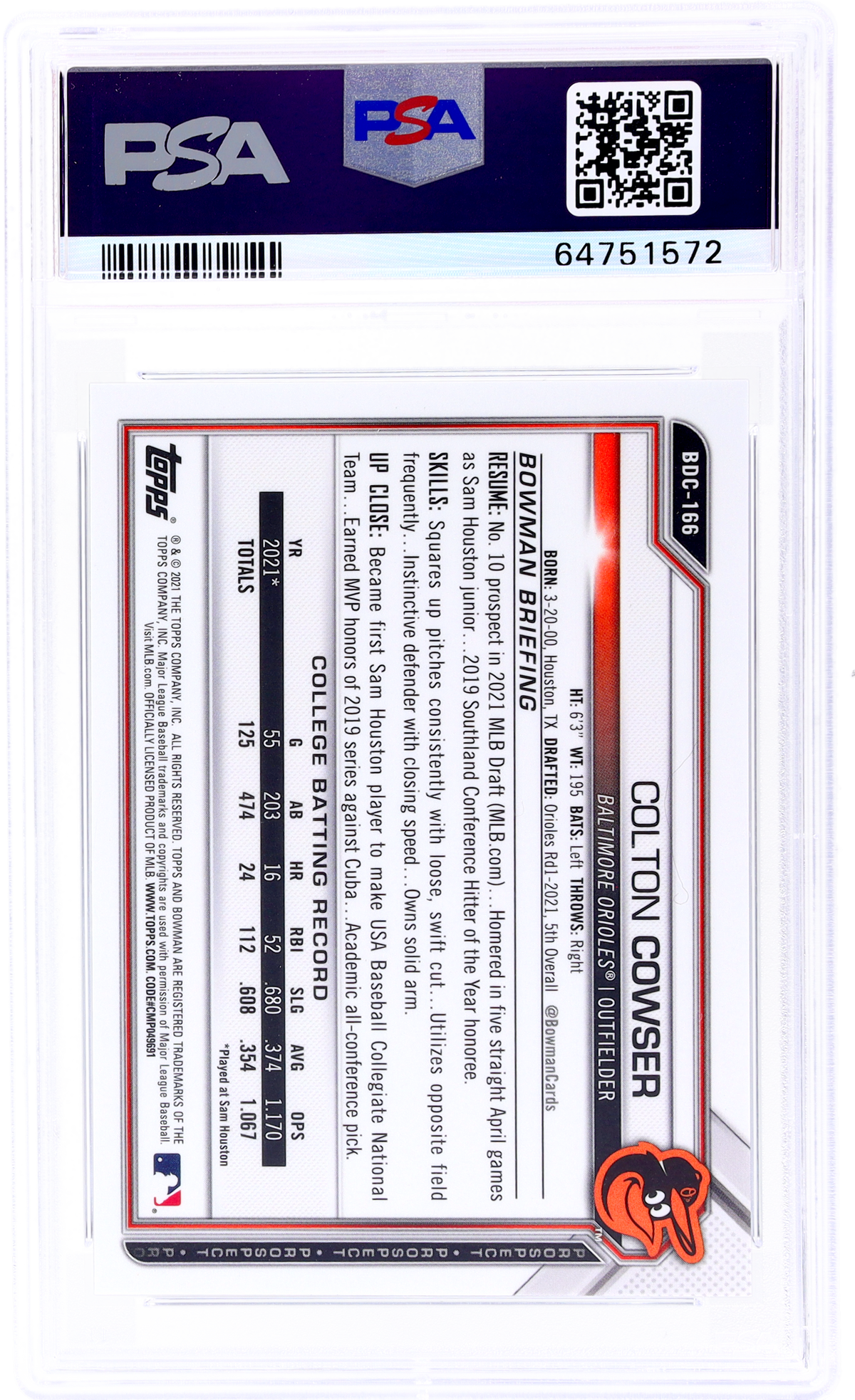 2021 Bowman Draft Chrome Sapphire Colton Cowser #Bdc166 /20 PSA 9