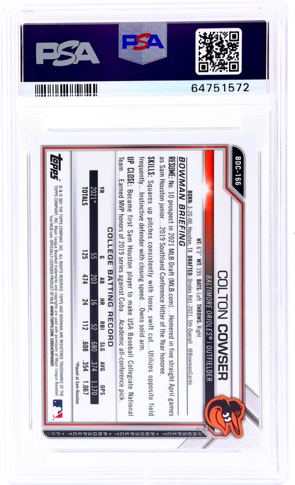 2021 Bowman Draft Chrome Sapphire Colton Cowser #Bdc166 /20 PSA 9