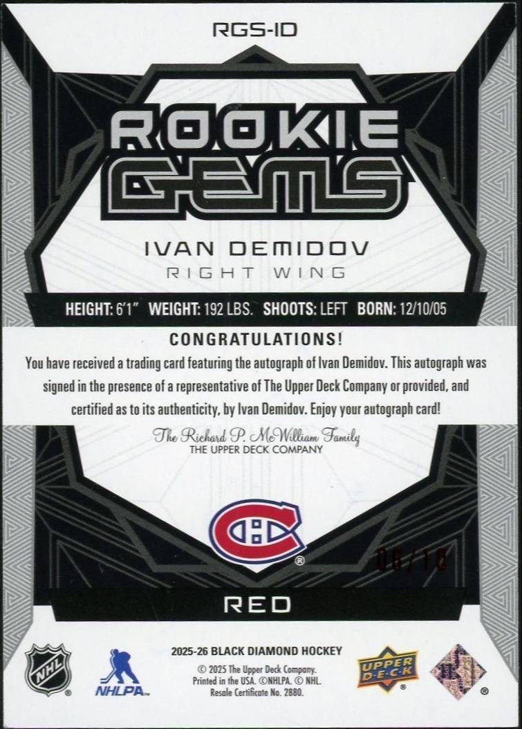 2025 Black Diamond Rgs-Id Ivan Demidov Rookie Gems Auto Red /10