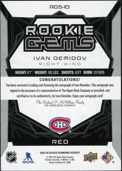 2025 Black Diamond Rgs-Id Ivan Demidov Rookie Gems Auto Red /10