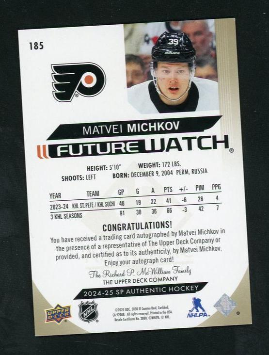 2024 Upper Deck Sp Authentic 185 Matvei Michkov Future Watch Rookie Vg Flyers Auto