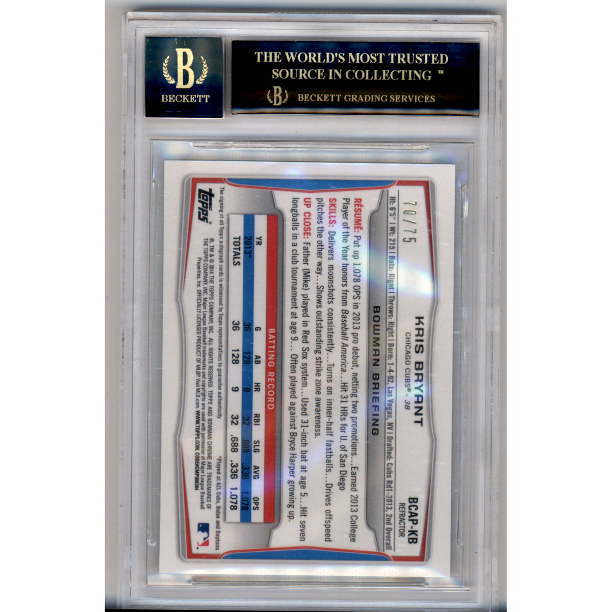 2014 Bowman Chrome Prospect Auto Green Refractors Kris Bryant #Bcapkb BGS 10