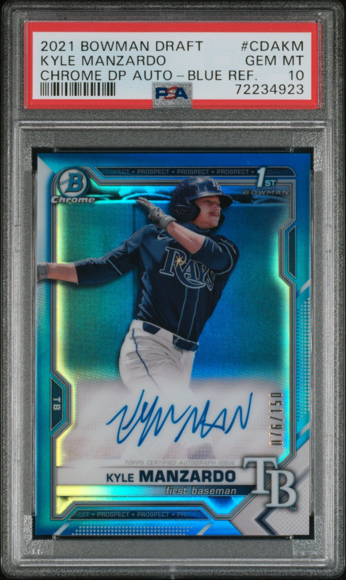 2021 Bowman Draft Chrome Autograph Blue Refractor Kyle Manzardo #Cdakm /150 PSA 10