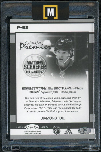 2025-26 O-Pee-Chee Premier P-92 Matthew Schaefer Diamond Foil /75
