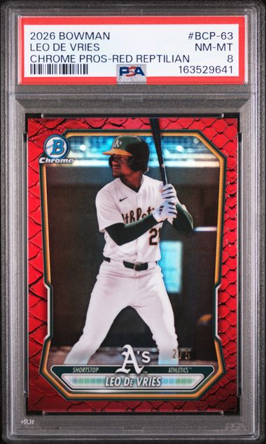 Leo De Vries 2026 Bowman Chrome Prospects Red Reptilian #'D 2/5 PSA 8