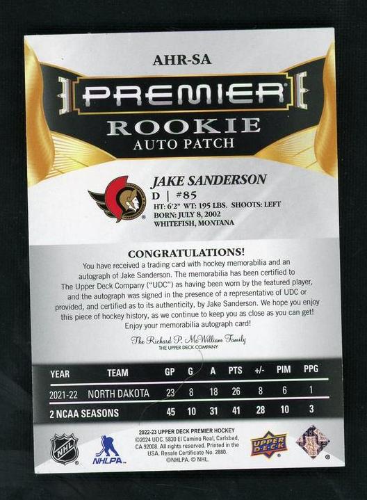2022 Upper Deck Premier Ahr-Sa Jake Sanderson Rookie Auto Patch Rookie /99 Vg Ottawa Senators