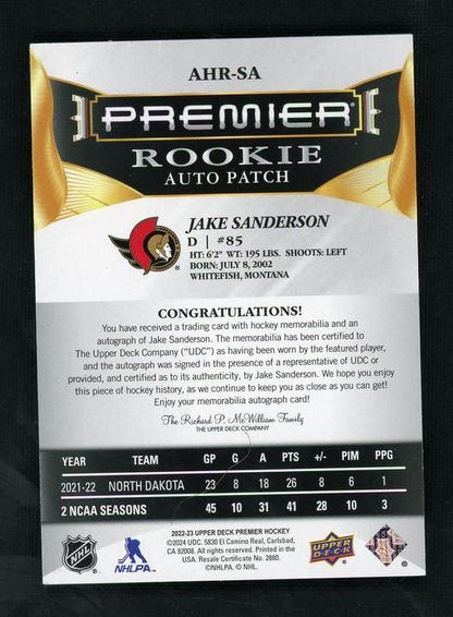 2022 Upper Deck Premier Ahr-Sa Jake Sanderson Rookie Auto Patch Rookie /99 Vg Ottawa Senators