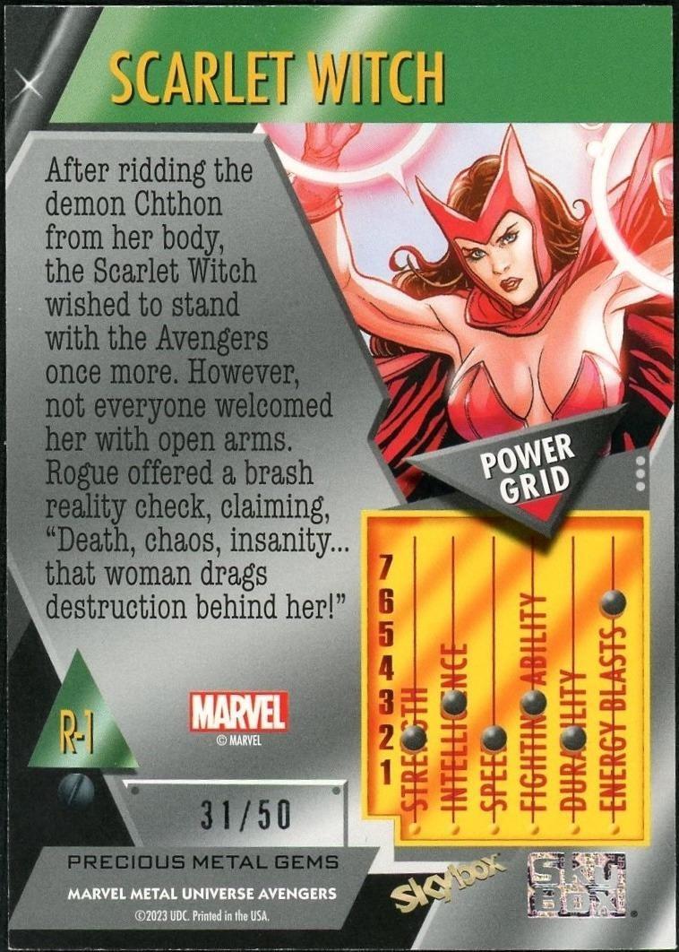 2023 Skybox Metal Universe Marvel R-1 Scarlet Witch Precious Metal Gems Blue /50