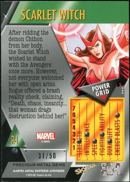2023 Skybox Metal Universe Marvel R-1 Scarlet Witch Precious Metal Gems Blue /50