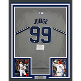 Framed Autographed/Signed Aaron Judge 35x39 New York Yankees Authentic Majestic Grey Baseball Jersey Fanatics COA