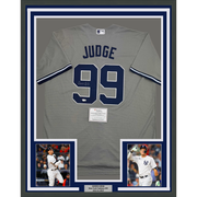 Framed Autographed/Signed Aaron Judge 35x39 New York Yankees Authentic Majestic Grey Baseball Jersey Fanatics COA