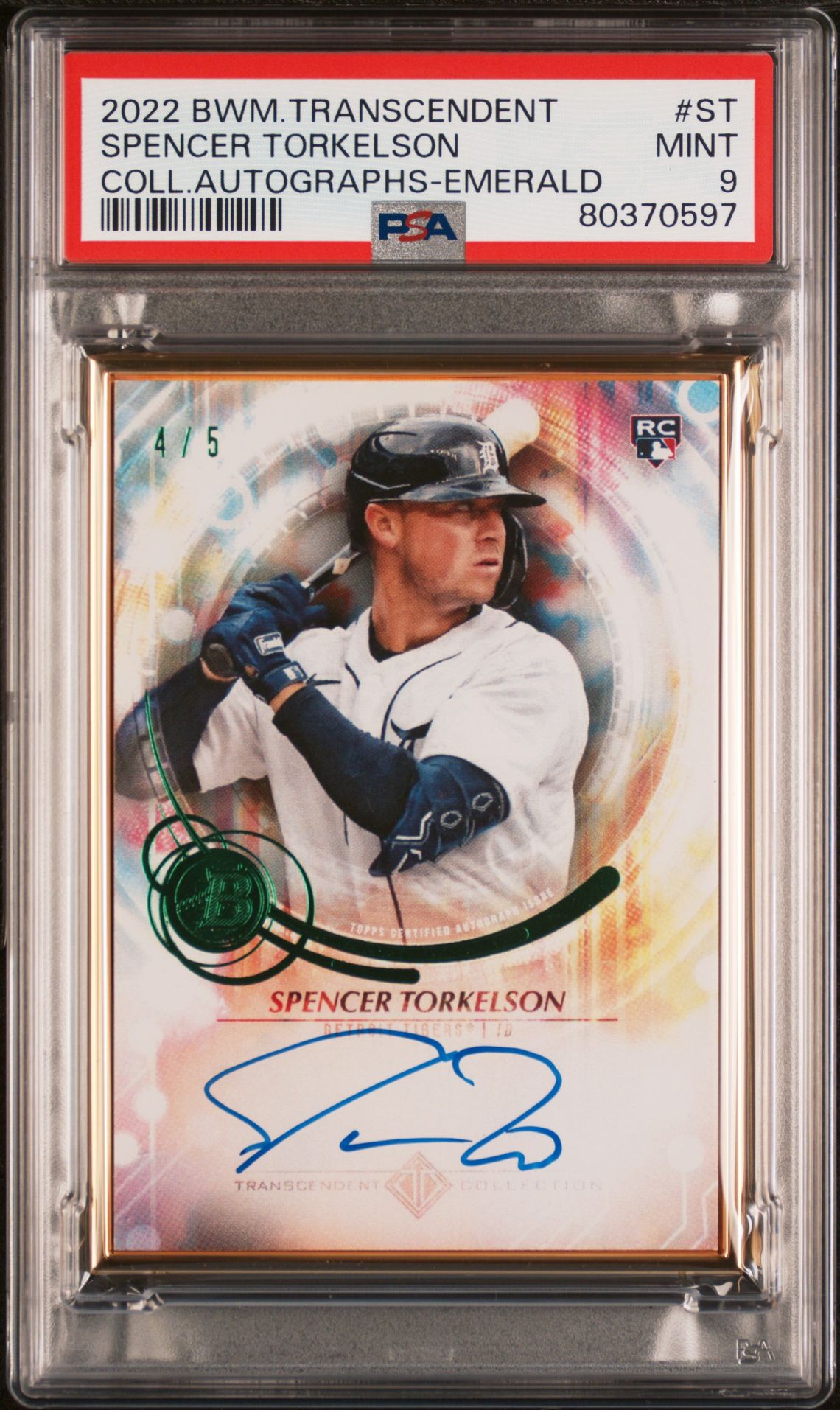 Spencer Torkelson 2022 Bowman Transcendent Emerald Autograph Rookie Card #'D 4/5 PSA 9