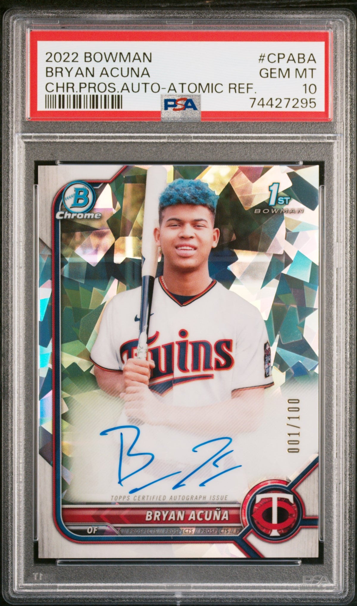 Bryan Acuna 2022 Bowman Chrome 1St Bowman Atomic Refractor Rookie Auto 001/100 PSA 10