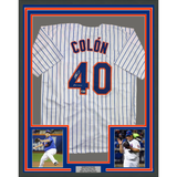 Framed Autographed/Signed Bartolo Colon 35x39 Inscribed Big Sexy New York Pinstripe Baseball Jersey Beckett BAS COA