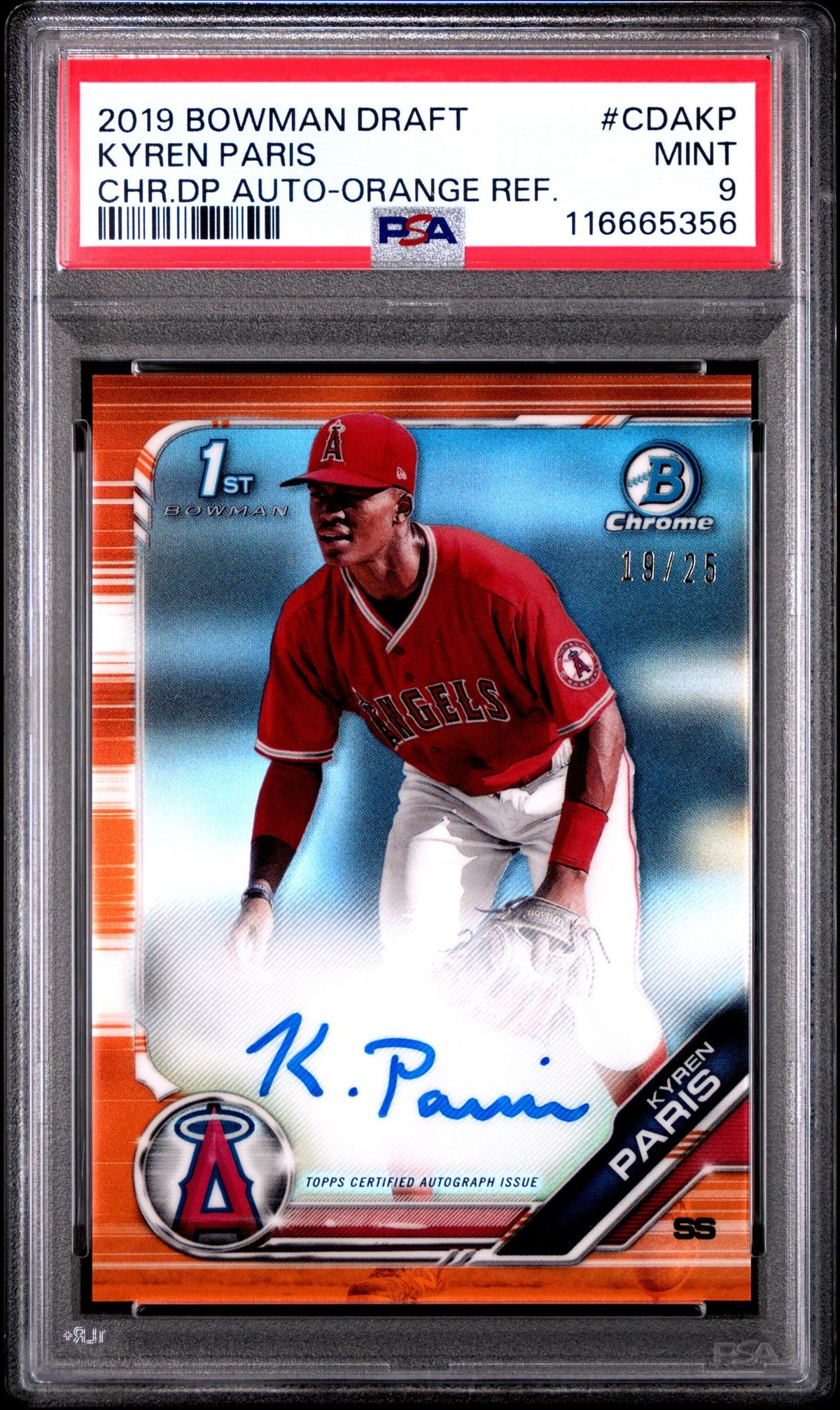 2019 Bowman Chrome Draft Autographs Orange Refractor Kyren Paris #Cdakp /25 PSA 9