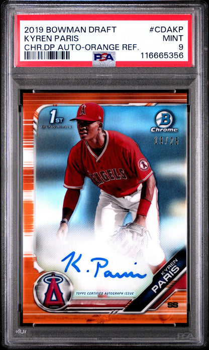 2019 Bowman Chrome Draft Autographs Orange Refractor Kyren Paris #Cdakp /25 PSA 9