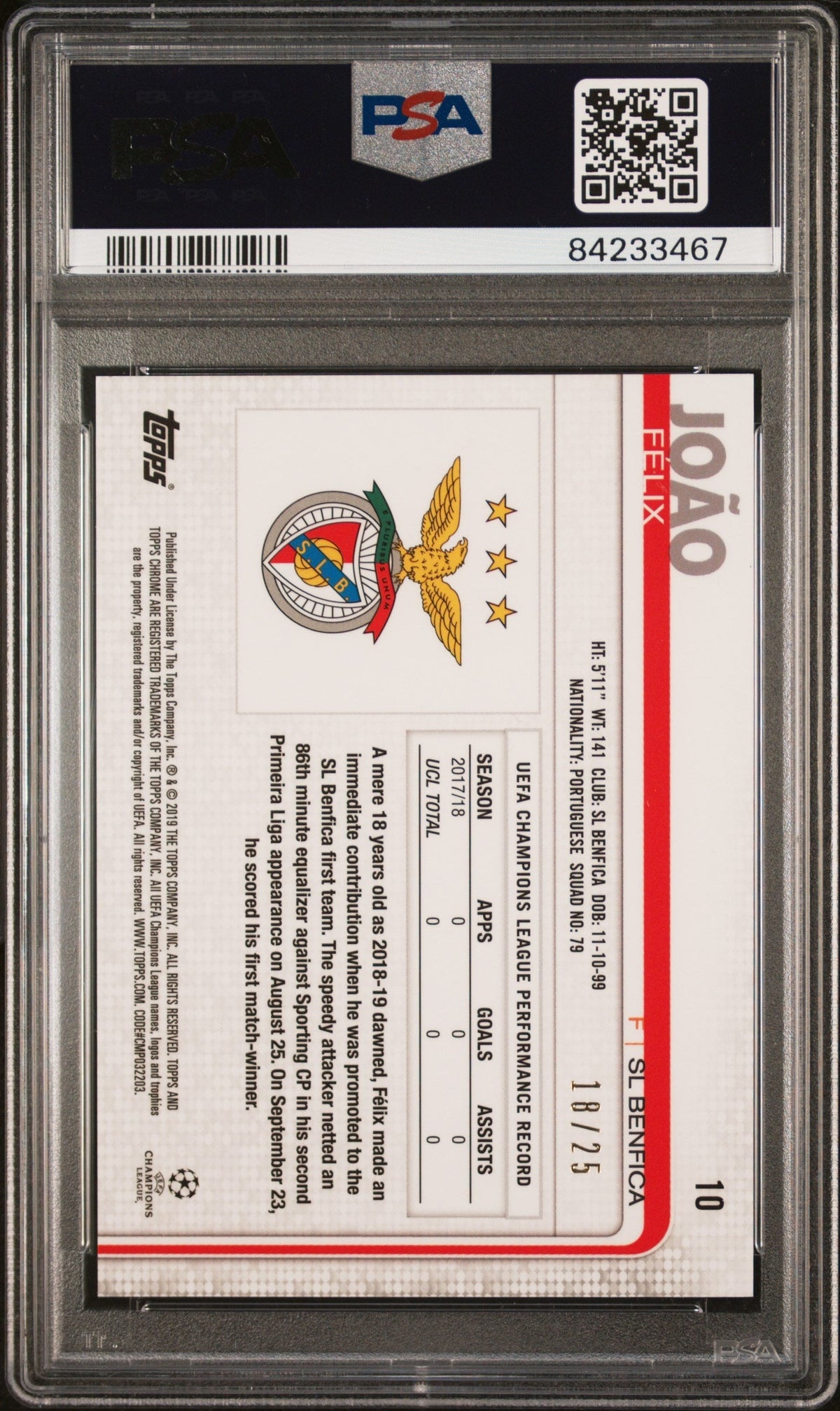 2018 Topps Chrome Uefa Champions League Orange Refractor Joao Felix #10 /25 PSA 8