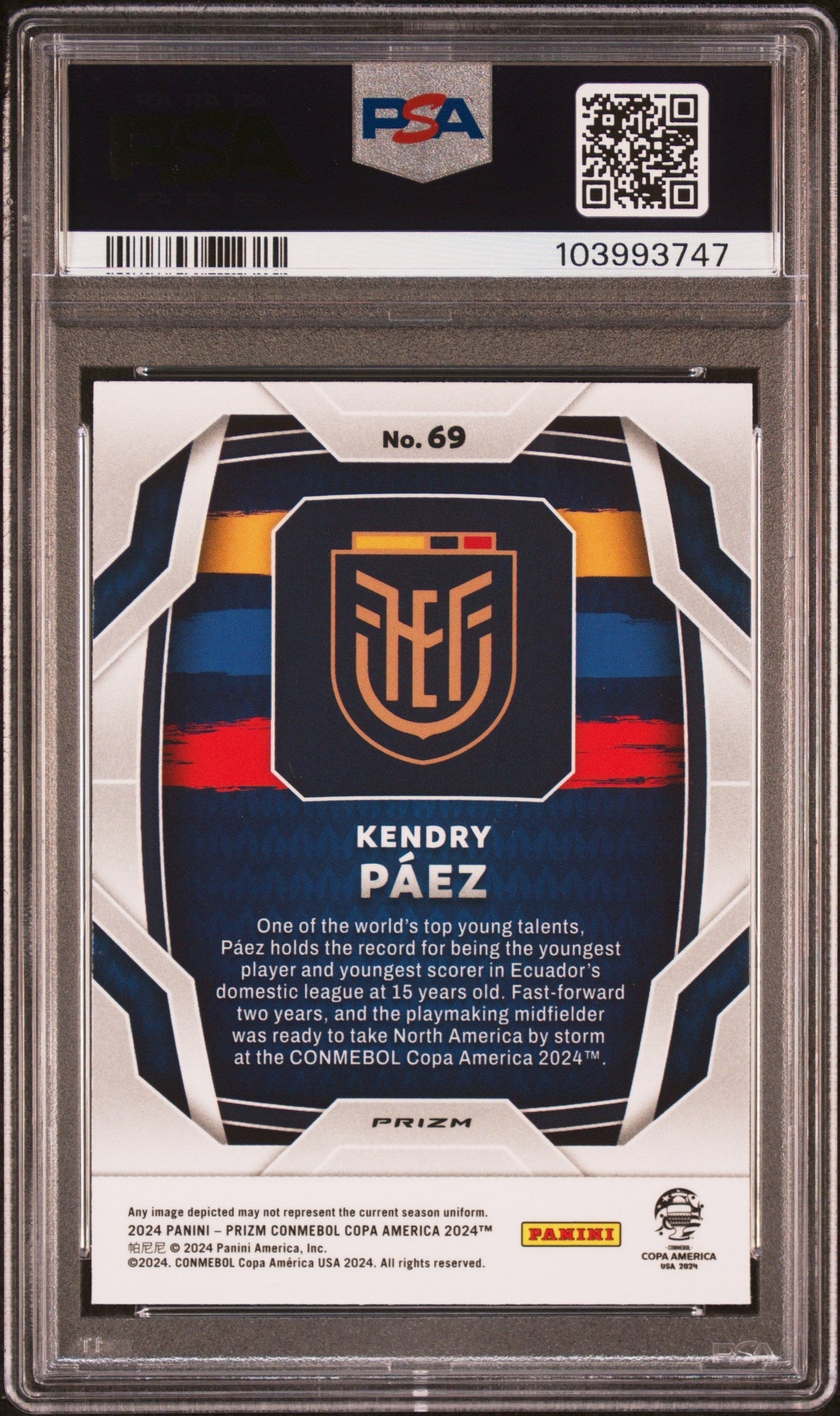2024 Panini Prizm Conmebol Copa America Zebra Prizm Kendry Paez #69 PSA 9