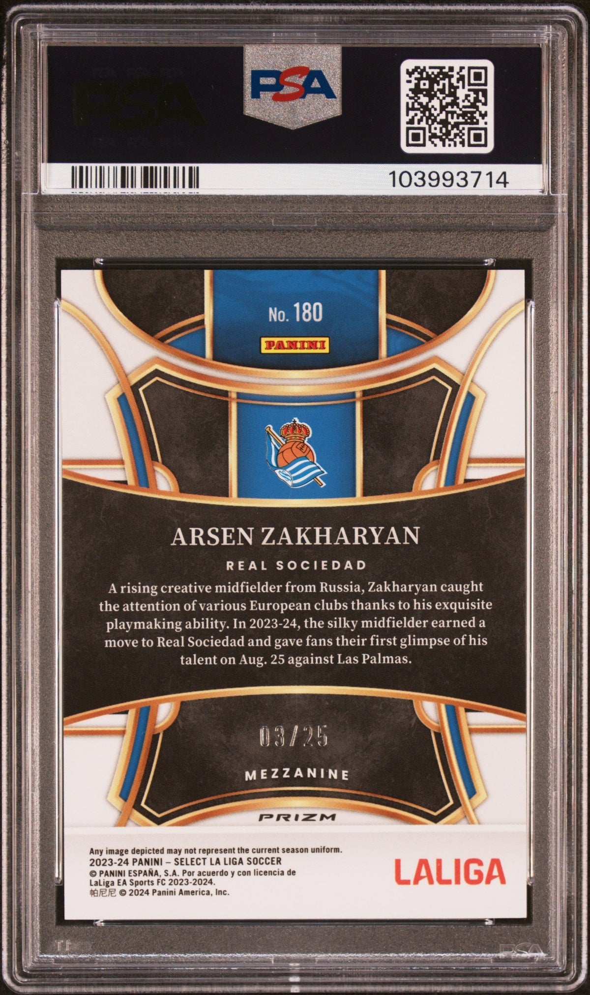 2023 Panini Select La Liga Zebra Arsen Zakharyan #180 /25 PSA 10