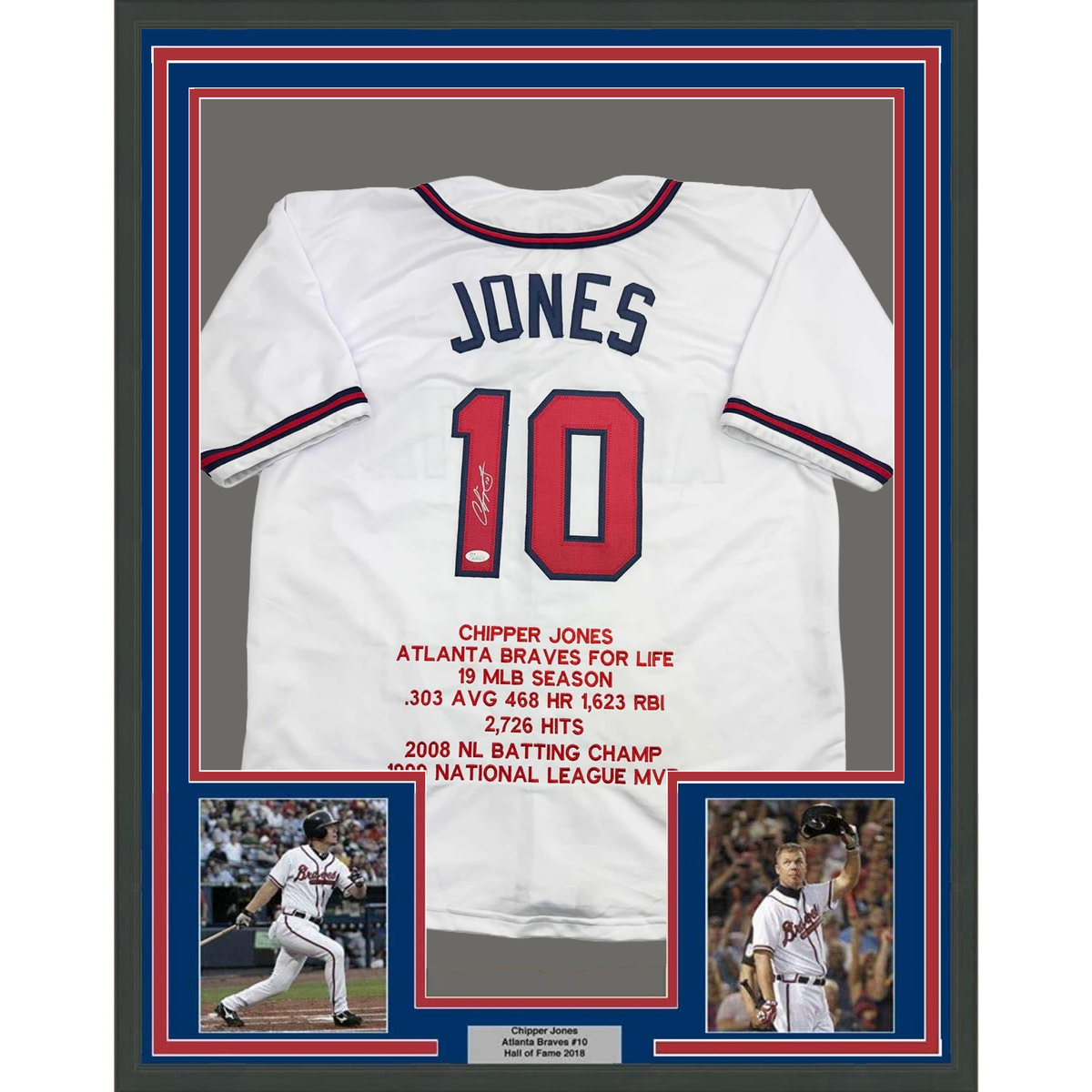 Framed Autographed/Signed Chipper Jones 35x39 Atlanta White Stat Baseball Jersey JSA COA