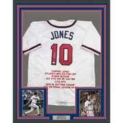 Framed Autographed/Signed Chipper Jones 35x39 Atlanta White Stat Baseball Jersey JSA COA