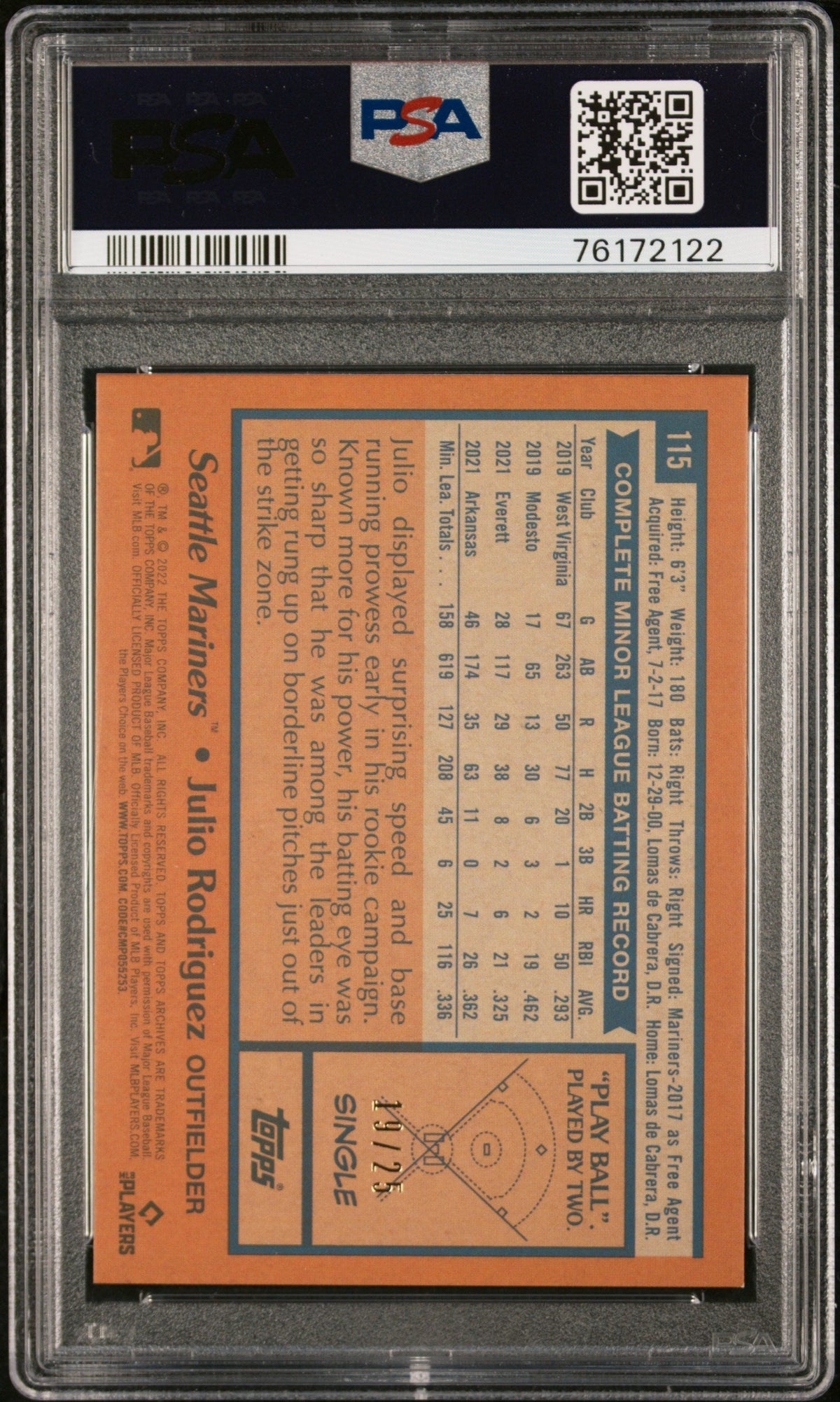 2022 Topps Archives Julio Rodriguez Rc Blue Foil 19/25 PSA 9