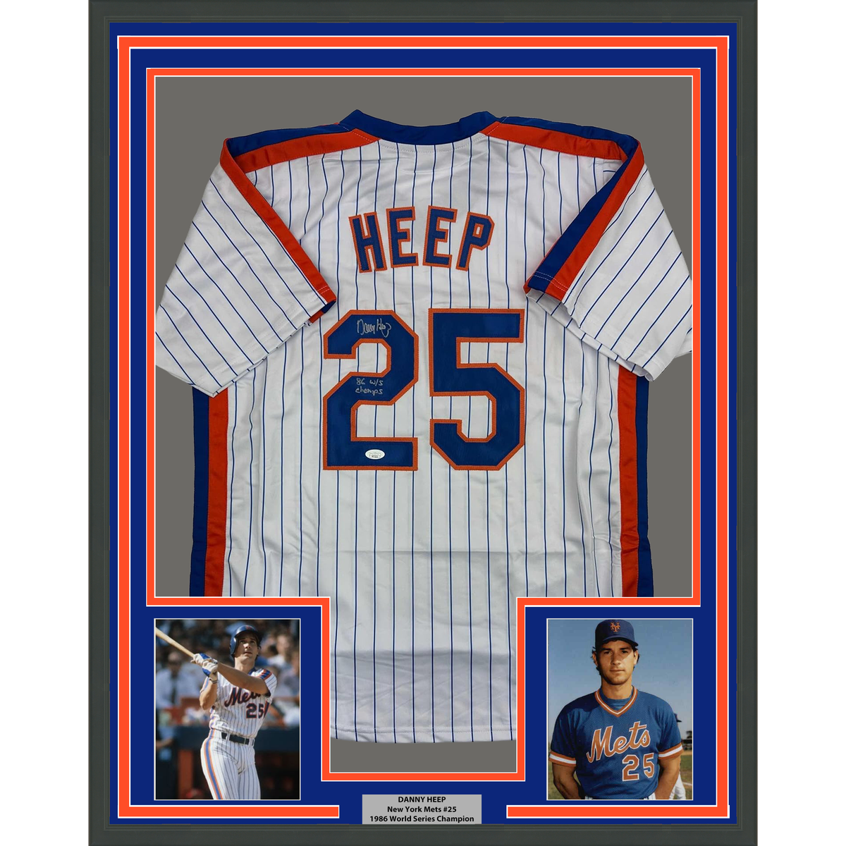 Framed Autographed/Signed Danny Heep 35x39 86 WS Champs New York Pinstripe Baseball Jersey JSA COA