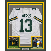 Framed Autographed/Signed Dontayvion Wicks 35x39 Green Bay White Football Jersey JSA COA