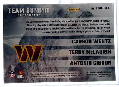 2022 Panini Zenith Football - Carson Wentz - Terry Mclaurin - Antonio Gibson Tsa-Cta - Platinum 1/1 Triple Auto Patch