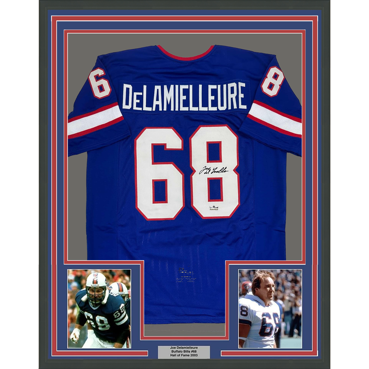 Framed Facsimile Autographed Joe DeLamielleure 35x39 Buffalo Blue Reprint Laser Auto Football Jersey