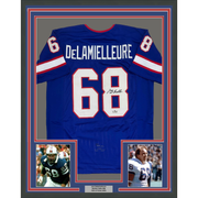 Framed Facsimile Autographed Joe DeLamielleure 35x39 Buffalo Blue Reprint Laser Auto Football Jersey