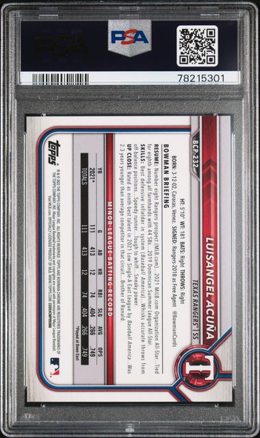 Luisangel Acuna 2022 Bowman Chrome X Red X-Fractor #'D 2/3 PSA 10